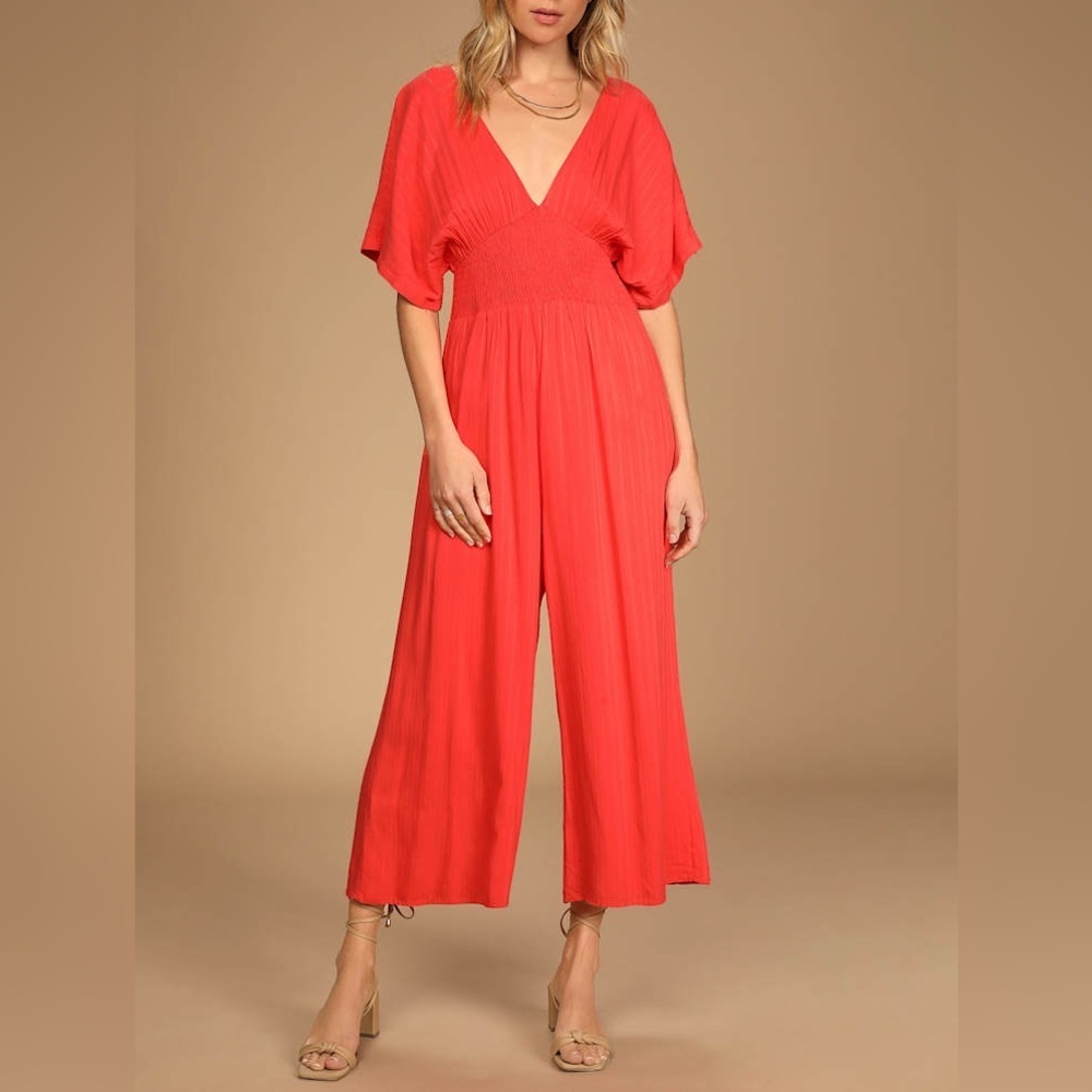 Lulu's Coral V-Neck Wide-Leg Smocked Jumpsuit